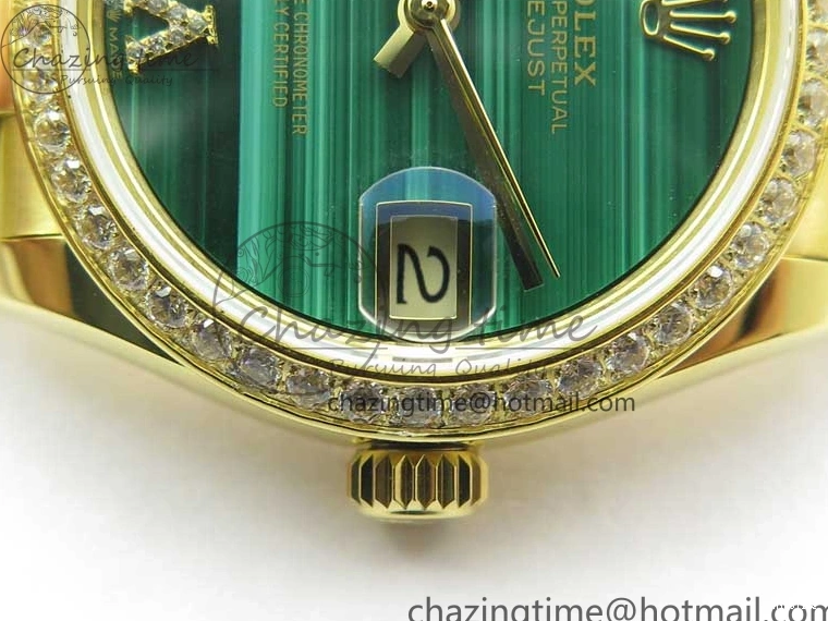 MiroTime 0408 Versatile Daydate 278288 31mm YG EWF Best Edition Green Malachite Dial Crystal Markers on YG President Bracelet ETA 2606